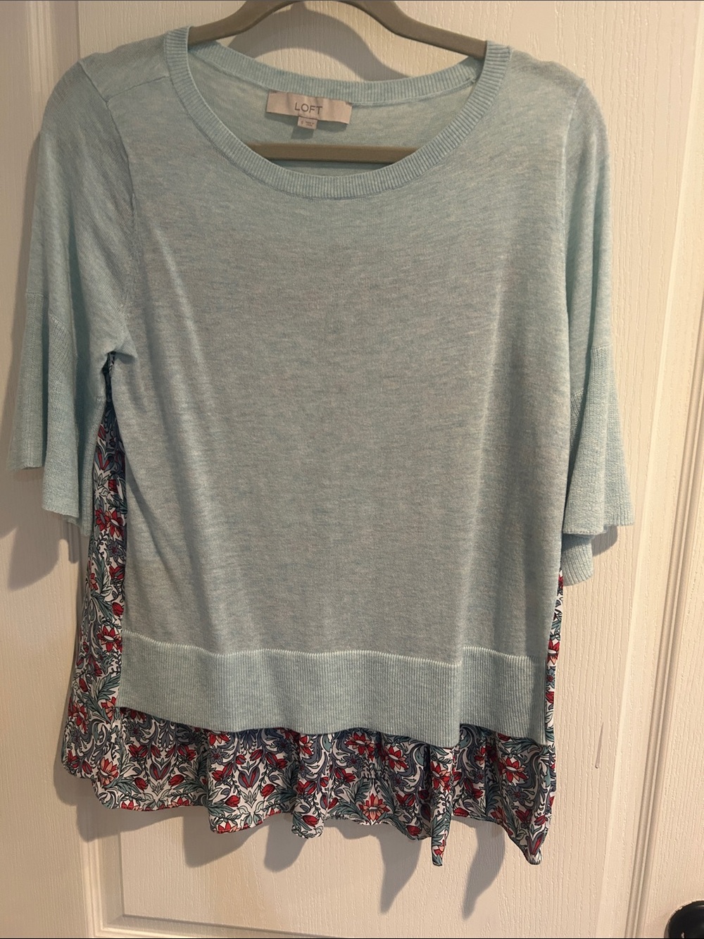 LOFT Light Blue Short-Sleeve Layered Top with Floral Print Hem